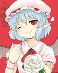  aoi_tobira bat_wings blue_hair bow brooch fang flower hat hat_bow highres jewelry mob_cap nail_polish one_eye_closed pointy_ears red_background red_eyes red_nails remilia_scarlet rose solo touhou white_flower white_rose wings 