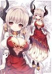  alicia_(granblue_fantasy) blush breasts center_opening cleavage cleavage_cutout cross cross_earrings draph dress earrings gloves granblue_fantasy highres horns huge_breasts jewelry large_breasts long_hair looking_at_viewer mamuru pointy_ears red_eyes silver_hair smile solo underboob white_gloves 