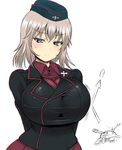  arrow black_jacket blush bouncing_breasts breasts bursting_breasts garrison_cap girls_und_panzer ground_vehicle hat is-3 itsumi_erika jacket kuromorimine_military_uniform large_breasts military military_uniform military_vehicle motor_vehicle rebis red_shirt ricocheting shirt short_hair silver_hair simple_background solo tank uniform white_background 