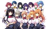  6+girls black_hair blonde_hair blue_eyes blue_hair blush breasts brown_eyes brown_hair green_eyes hair_ornament hairband hairclip huge_breasts large_breasts long_hair looking_at_viewer multiple_girls open_mouth orange_hair pink_hair purple_eyes purple_hair red_eyes red_hair school_uniform short_hair silver_hair smile squeez 