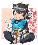  blue_hair blush brown_hair casual closed_eyes eating food fruit holding holding_food holding_fruit indian_style male_focus multiple_boys mutsu-no-kami_yoshiyuki persimmon putegoya sayo_samonji scar seigaiha sitting smile touken_ranbu 