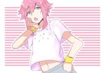  armband ensemble_stars! green_eyes hand_on_hip hand_on_own_cheek hatsu_(racoo) himemiya_touri horizontal_stripes looking_at_viewer male_focus navel open_mouth pink_hair sidelocks solo striped striped_background 