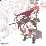  belt bird black_gloves blue_eyes boots breasts building circle_a fingerless_gloves full_body girls_frontline gloves gun hair_between_eyes holding holding_gun holding_weapon long_hair looking_at_viewer midriff parted_lips red_hair red_legwear rifle shorts silhouette skyscraper sniper_rifle socks t-5000_(girls_frontline) thigh_strap very_long_hair weapon 