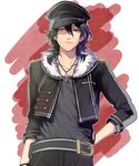  black_gloves black_hair ensemble_stars! gloves half_gloves hand_on_hip male_focus red_eyes sakuma_rei_(ensemble_stars!) solo tubuan_oisii 