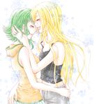  alternate_costume arm artist_request bare_arms bare_shoulders black_tank_top blonde_hair blush eyes_closed female green_hair gumi happy hood hoodie hug laughing lily_(vocaloid) long_hair multiple_girls mutual_yuri off_shoulder open_mouth round_teeth short_hair sleeveless sleeveless_hoodie smile strap_slip tank_top vocaloid yuri 