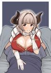  alicia_(granblue_fantasy) blush boxers breasts cleavage draph dress earrings gloves granblue_fantasy horns huge_breasts jewelry katte_ni_kappa long_hair looking_at_viewer open_mouth pointy_ears pov red_eyes silver_hair smile solo under_covers underwear white_gloves 