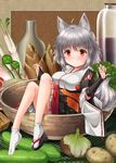  animal_ears blush bottle breasts bridal_gauntlets cross-laced_clothes detached_sleeves food in_bowl in_container inubashiri_momiji kei_kei kourindou_tengu_costume large_breasts long_sleeves minigirl obi onion potato red_eyes ribbon-trimmed_sleeves ribbon_trim sandals sash short_hair silver_hair single_sandal sitting solo tabi tail touhou vegetable wide_sleeves wolf_ears wolf_tail 