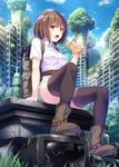  backpack bag bangs binoculars blush boots breasts brown_eyes brown_hair commentary_request day eating food full_body looking_at_viewer medium_breasts noe_noel open_mouth original outdoors overgrown short_hair solo thighhighs 