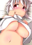  animal_ears bare_shoulders belly blush body_blush breasts detached_sleeves fang highres inubashiri_momiji large_breasts lying navel on_back red_eyes shishi_juuroku solo thick_eyebrows touhou turtleneck underboob wavy_mouth white_hair wolf_ears 