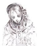  bangs bloodborne bonnet commentary_request expressionless eyes_visible_through_hair flower greyscale jikan_hakushaku looking_at_viewer monochrome plain_doll shawl sketch solo white_background 