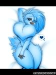  &lt;3 anthro avian bed bird blue_eyes chococosalo curvaceous featureless_crotch female fur hair hair_over_eye looking_at_viewer lying on_back patreon smile solo thick_thighs tweetfur twitter wide_hips 