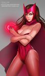  avengers badcompzero bare_shoulders breasts brown_hair cape cleavage crossed_arms from_side glowing grey_background headpiece highleg highleg_leotard legs_apart leotard long_hair looking_at_viewer magic marvel medium_breasts pantyhose parted_lips red_cape red_legwear red_leotard scarlet_witch signature simple_background smile solo standing strapless strapless_leotard superhero thighs wanda_maximoff watermark web_address x-men yellow_eyes 