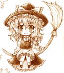  bow broom broom_riding chibi frills hair_bow hat hat_bow kirisame_marisa monochrome sketch solo star touhou witch_hat yuran_(kuen-hien) 