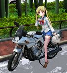  2016 bakuon!! blonde_hair blush breasts dated ground_vehicle guard_rail headwear_removed helmet helmet_removed highres large_breasts motor_vehicle motorcycle nihility pink_legwear plant school_uniform smile solo suzunoki_rin thighhighs tree twintails uniform yellow_eyes 