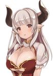  alicia_(granblue_fantasy) amripo bangs blonde_hair blunt_bangs blush breasts center_opening cleavage cross cross_earrings draph earrings eyebrows eyebrows_visible_through_hair eyelashes fur_trim granblue_fantasy grey_background horns jewelry large_breasts long_hair looking_at_viewer open_mouth pointy_ears puffy_short_sleeves puffy_sleeves red_eyes short_sleeves silver_hair smile solo transparent_background underboob upper_body 