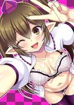  areolae bangs blush bra breasts brown_eyes brown_hair cleavage collarbone fingernails from_above hat himekaidou_hatate kondou_ryunosuke large_breasts looking_at_viewer looking_up navel one_eye_closed open_clothes open_mouth open_shirt outstretched_arm panties pointy_ears puffy_short_sleeves puffy_sleeves purple_legwear reaching_out see-through self_shot shiny shiny_skin shirt short_sleeves sidelocks skindentation smile solo striped striped_bra striped_panties thigh_gap thighhighs tokin_hat touhou twintails underwear v white_bra white_panties white_shirt 
