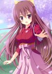  cherry_blossoms hakama highres japanese_clothes kamikaze_(kantai_collection) kantai_collection kimono long_hair looking_at_viewer meiji_schoolgirl_uniform nanakiri_(izakaya_nanana) pink_hakama solo 