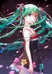  cherry_blossoms dress floating_hair flower from_side green_eyes green_hair hair_ribbon hatsune_miku long_hair looking_at_viewer mimi_n petals ribbon solo twintails very_long_hair vocaloid 