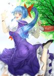  alternate_hairstyle ass bag bird blue_hair bow breasts dress hair_bow highres kamishirasawa_keine large_breasts looking_at_viewer looking_back neckerchief open_mouth ototarou ponytail puffy_short_sleeves puffy_sleeves purple_dress red_eyes running shirt short_sleeves smile solo touhou tree watch wristwatch 