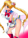  bishoujo_senshi_sailor_moon blonde_hair blue_eyes blue_sailor_collar boots bow choker cowboy_shot double_bun elbow_gloves gloves hair_ornament hairpin heart heart_choker highres knee_boots long_hair looking_at_viewer magical_girl multicolored multicolored_clothes multicolored_skirt panties pleated_skirt purple_bow red_bow red_choker red_footwear sailor_collar sailor_moon sailor_senshi_uniform shiny shiny_skin skirt smile solo super_sailor_moon tiara tsukino_usagi twintails underwear upskirt warabimochii white_background white_gloves white_panties 