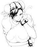  bracelet breasts bun_cover china_dress chinese_clothes chun-li double_bun dress greyscale hakai_shin highres jewelry large_breasts monochrome short_hair solo spiked_bracelet spikes street_fighter 