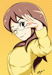  absurdres aikiyun black_eyes brown_hair glasses gradient gradient_background highres keita's_mother long_hair looking_at_viewer one_eye_closed orange_background smile solo upper_body yellow_background youkai_watch 