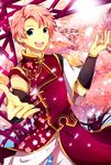  alternate_costume asymmetrical_clothes beckoning blue_eyes cherry_blossoms chinese_clothes idolmaster idolmaster_side-m kabuto_daigo looking_at_viewer male_focus nemurakko open_mouth outstretched_hand petals pink_hair smile solo teeth 