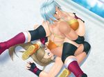  2girls armpits blue_eyes breasts breath brown_eyes brown_hair elbow_pads frills game_cg gloves huge_breasts long_hair mouth_guard multiple_girls open_mouth ponytail shoes silver_hair sitting sitting_on_face sitting_on_person sweat toned wrestle_fight_girls 