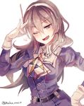  ;d ashigara_(kantai_collection) bad_id bad_pixiv_id brown_eyes brown_hair cis_(carcharias) commentary_request fangs gloves hairband kantai_collection long_hair one_eye_closed open_mouth remodel_(kantai_collection) smile solo uniform wavy_hair 