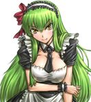  alternate_costume amania_orz apron breasts c.c. cleavage_cutout code_geass enmaided frills green_hair large_breasts long_hair maid maid_apron maid_headdress necktie solo very_long_hair 