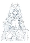  alternate_costume armor bandeau bangs berserker_(granblue_fantasy) boots breasts brooch cloak commentary_request cowboy_shot djeeta_(granblue_fantasy) eyebrows eyebrows_visible_through_hair frown gauntlets granblue_fantasy greaves greyscale hair_between_eyes hand_on_hip heart_cutout hood jewelry looking_at_viewer medium_breasts monochrome navel pelt short_hair sketch skirt solo stomach strapless thigh_boots thighhighs underboob vambraces white_background wk_(low-f) wolf wolf_pelt 