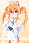  bare_shoulders blue_eyes blush breasts covered_navel elbow_gloves gloves keenh long_hair looking_at_viewer medium_breasts neptune_(series) orange_hair orange_heart power_symbol shin_jigen_game_neptune_vii solo symbol-shaped_pupils twintails white_gloves 