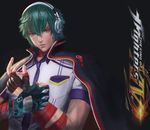  absurdres aura bad_id bad_pixiv_id bandages black_background copyright_name fingerless_gloves gloves green_hair headphones highres jacket_on_shoulders male_focus necktie red_eyes shun'ei simple_background solo the_king_of_fighters the_king_of_fighters_xiv toxicface 