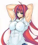  abs aozaki_aoko biceps blouse blue_eyes breasts flexing impossible_clothes impossible_shirt large_breasts muscle muscular_female pose red_hair shirt solo toono_yayoi tsukihime white_blouse 
