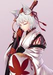  animal_ears bad_id bad_twitter_id cibo_(killy) closed_eyes detached_sleeves hat inubashiri_momiji japanese_clothes lavender_background long_sleeves obi ribbon sash shield short_hair simple_background solo string sword tokin_hat touhou upper_body weapon white_hair wide_sleeves wolf_ears 