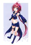  :d absurdres ahoge blue_eyes braid cape detached_sleeves fingerless_gloves gloves highres kurosaki_mea long_hair looking_at_viewer midriff navel open_mouth outstretched_hand red_hair short_shorts shorts smile solo thigh_strap to_love-ru to_love-ru_darkness very_long_hair waist_cape yabuki_kentarou 