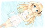  arm_up armpits blonde_hair blue_eyes borrowed_character dress highres long_hair lying on_back original partially_submerged ribbon shimotsuki_potofu solo sora_(otohasora) sundress twintails two_side_up water wet white_dress 