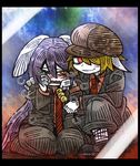  animal_ears arm_around_shoulder black_border blonde_hair blush blush_stickers border bunny_ears coat crying dango flat_cap floppy_ears food formal hair_between_eyes hair_over_one_eye hat kneeling lavender_hair line_shading long_hair looking_at_viewer multiple_girls necktie one_eye_closed red_eyes red_neckwear reisen_udongein_inaba ringo_(touhou) sitting smile suenari_(peace) suit touhou very_long_hair wagashi wariza white_skin yellow_eyes 