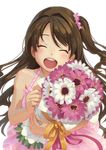  bouquet brown_hair closed_eyes dress flower idolmaster idolmaster_cinderella_girls long_hair one_side_up open_mouth pinakes shimamura_uzuki smile solo 