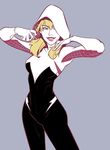  blonde_hair blue_background blue_eyes bodysuit grin gwen_stacy hood lee_dajung looking_to_the_side marvel simple_background smile solo spider-gwen teeth 