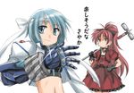  black_gloves blue_eyes blue_hair cosplay detached_collar dress frilled_dress frills gauntlets gloves graf_eisen hair_ribbon hand_on_hip headband jacket long_hair looking_at_another looking_at_viewer lyrical_nanoha magical_girl mahou_shoujo_madoka_magica midriff miki_sayaka multiple_girls open_clothes open_jacket ponytail red_dress red_hair red_jacket revolver_knuckle ribbon sakura_kyouko short_hair short_sleeves single_gauntlet smile standing subaru_nakajima subaru_nakajima_(cosplay) translated vita vita_(cosplay) wan'yan_aguda white_jacket 