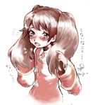  blush brown_eyes brown_hair fang flat_chest hands_in_hair kantai_collection looking_at_viewer magatama open_mouth owju_(ouju) ryuujou_(kantai_collection) sketch solo translation_request twintails 