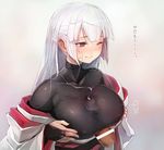  1girl blush bodysuit breast_hold breasts cum cum_on_clothes flying_sweatdrops hetero highres japanese_clothes kimono large_breasts long_hair off_shoulder one_eye_closed original paizuri paizuri_under_clothes penis red_eyes silver_hair taishi_(picchiridou) translated tsuru-chan 