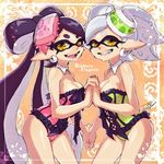  2girls aori_(splatoon) black_hair breasts bustier cleavage corset cross-laced_clothes detached_collar domino_mask earrings eyebrows fangs food food_on_head frame grin hat holding_hands hotaru_(splatoon) isamu-ki_(yuuki) jewelry lingerie long_hair looking_at_viewer mask medium_breasts mole mole_under_eye multiple_girls object_on_head open_mouth pointy_ears short_hair silver_hair smile splatoon_(series) splatoon_1 strapless symbol-shaped_pupils tentacle_hair tentacles thick_eyebrows underwear yellow_eyes 