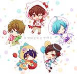  ;d ahoge animal_hood aqua_hair balloon barufoa beamed_eighth_notes blue_hair brown_hair cat_hood chibi cosplay eighth_note ensemble_stars! fang food fruit hair_over_one_eye hat hello_kitty hood kigurumi male_focus morisawa_chiaki multicolored_hair multiple_boys musical_note nagumo_tetora one_eye_closed open_mouth purple_hair red_hair ryuuseitai sengoku_shinobu shinkai_kanata smile star strawberry streaked_hair takamine_midori two-tone_hair 