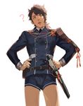  ? armor brown_eyes brown_hair cosplay from_below hands_on_hips japanese_armor looking_at_viewer looking_down male_focus military military_uniform mutsu-no-kami_yoshiyuki okki2012 open_mouth short_shorts shorts shoulder_armor sode solo sword tan touken_ranbu uniform weapon 