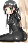  ass black_hair bodysuit breasts covered_nipples flying_witch green_eyes highres kowata_makoto latex latex_bodysuit long_hair medium_breasts naka skin_tight solo 