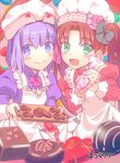  :d apron blush bow brown_hair chef_hat chocolate chocolate_heart dress fate/grand_order fate/stay_night fate_(series) food frilled_apron frills green_eyes hair_bow hands_up hat heart kitchen_patissiere long_sleeves looking_at_viewer matou_sakura multiple_girls nekotawawa open_mouth purple_eyes purple_hair short_hair signature smile toosaka_rin twintails younger 