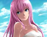  arm bare_shoulders blue_eyes breasts cleavage cloud collarbone cropped emcconerock428 female highres megurine_luka naked_towel neck pink_hair shiny shiny_hair sidelocks sky smile solo towel upper_body very_long_hair vocaloid wet 