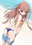  1girl :d ass atarashi_ako bare_arms bare_shoulders beach bikini blush breasts brown_hair dutch_angle eyebrows_visible_through_hair female hair_between_eyes long_hair looking_at_viewer looking_back open_mouth saki saki_achiga-hen shiny shiny_skin shorts shorts_pull side-tie_bikini small_breasts smile solo swimsuit water xiao_rui_rui 